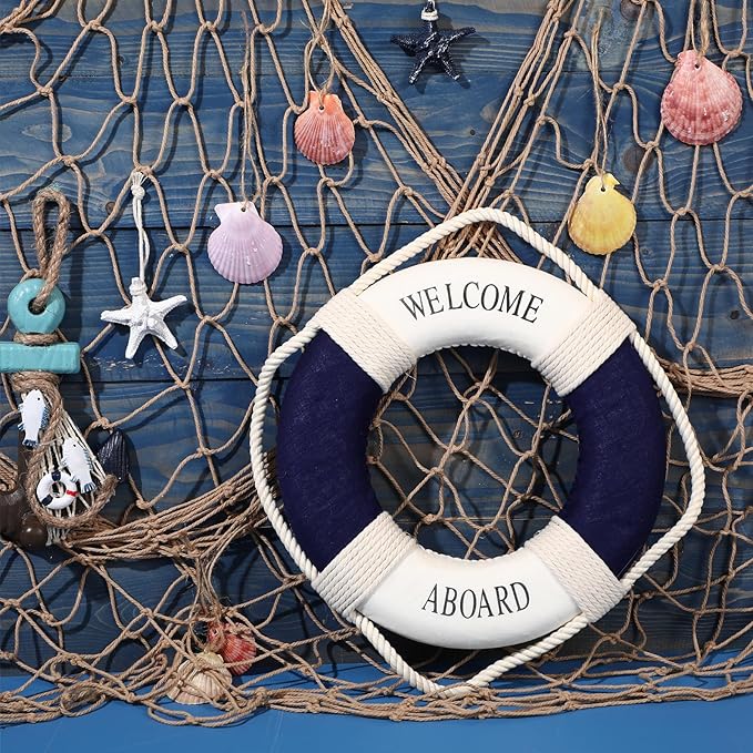 Marsui 11 Pcs Wooden Nautical Wall Decor Fishing Net Decoration, Include Decorative Fishing Net, Ship wheel, Fish Skeleton, Life Ring, Anchor, Starfish Beach Decor for Mediterranean Party (Brown)