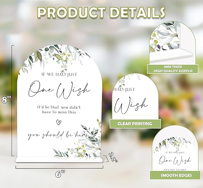 Greenery Wedding Memorial Sign, 6 x 8 Inch White Arch Acrylic Wedding Sign with Holder, Wedding Sign for Ceremony and Reception, Wedding Decoration, Wedding Supplies - LY10