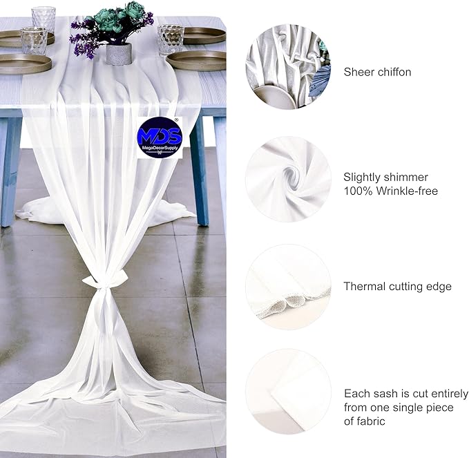 MDS 2 Pack 10ft Chiffon Table Runner 29 x 120 Inches Sheer Wedding Runner Romantic Rustic Table Runner for Wedding Decorations, Birthday Parties, Bridal Shower Party Arch Decor - Ivory