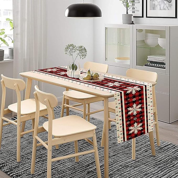 Snowflakes Christmas Table Runner,Red Buffalo Plaid Seasonal Winter Kitchen Dining Table Decoration for Home Party Decor 13x70 Inch