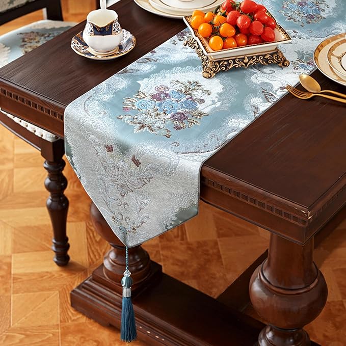 HeMiaor Retro Embroidery Pattern Table Runner with Tassels for Luxurious Home Decor for Party Dinner 120 inches Long Light Blue