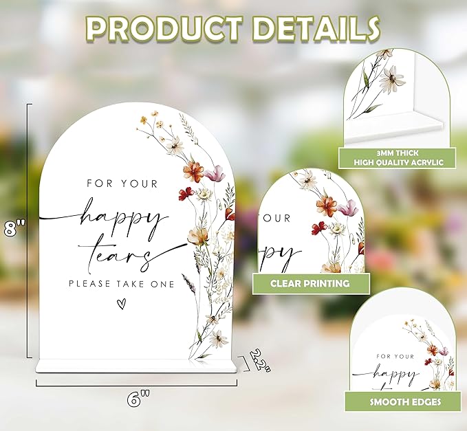 Boho Floral Happy Tears Tissue Sign, 6 x 8 Inch White Arch Acrylic Wedding Sign with Holder, Wedding Sign for Ceremony and Reception, Wedding Decoration, Wedding Supplies - BX25