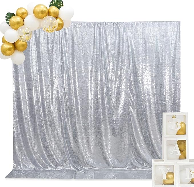 SquarePie Sequin Backdrop Non-Transparent Background Sparkly Curtain for Wedding Party 6FT x 6FT Silver