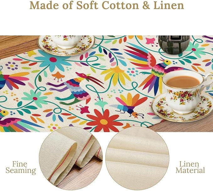 Mexican Table Runner,Boho Colorful Nature Inspired Flowers and Birds Table Cloth Kitchen Dining Table Home Party Decoration 13x108 Inch
