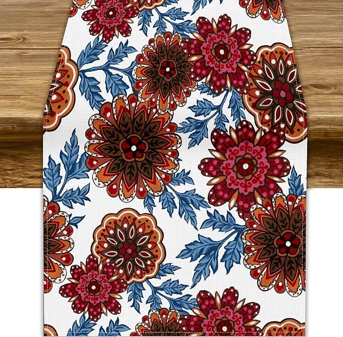 Mandala Flower Table Runner, Vintage Oriental Exotic Native Red Floral Blue Branch Leaves Botanical Print Table Runner for Farmhouse Kitchen Dining Table Decor, 13x90inch