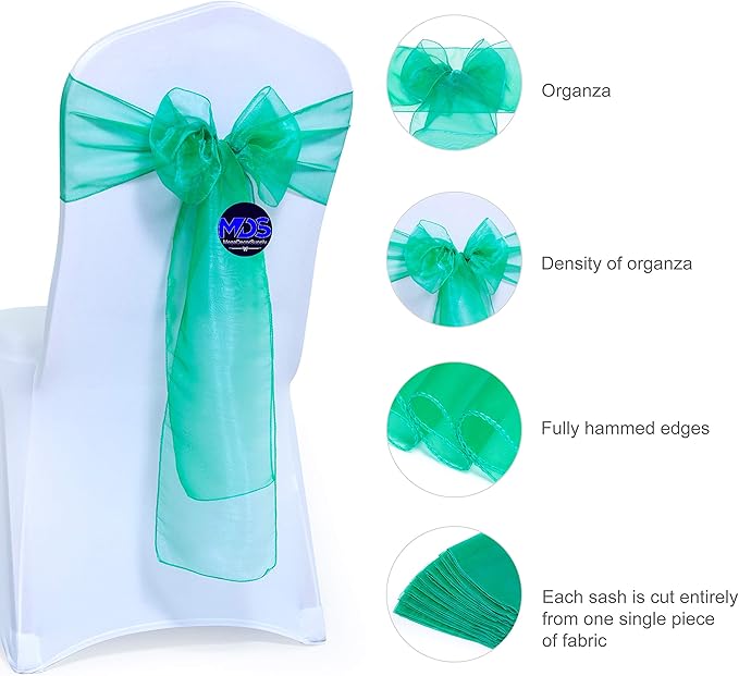 MDS Pack of 125 PCS Organza Chair Sashes Wider Dining Chair Bows Ribbon Tie Back for Wedding Party Birthday Bridal Shower Reception Event Banquet Home Chair Cover Decoration - Green