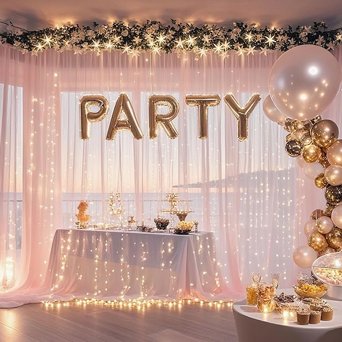 10×10ft Tulle Backdrop Curtains with Lights String - 300LED Fairy Lights Sheer Curtain Backdrop for Weddings Baby Shower and Birthday Party Decorations(6 Panels 5×10ft)