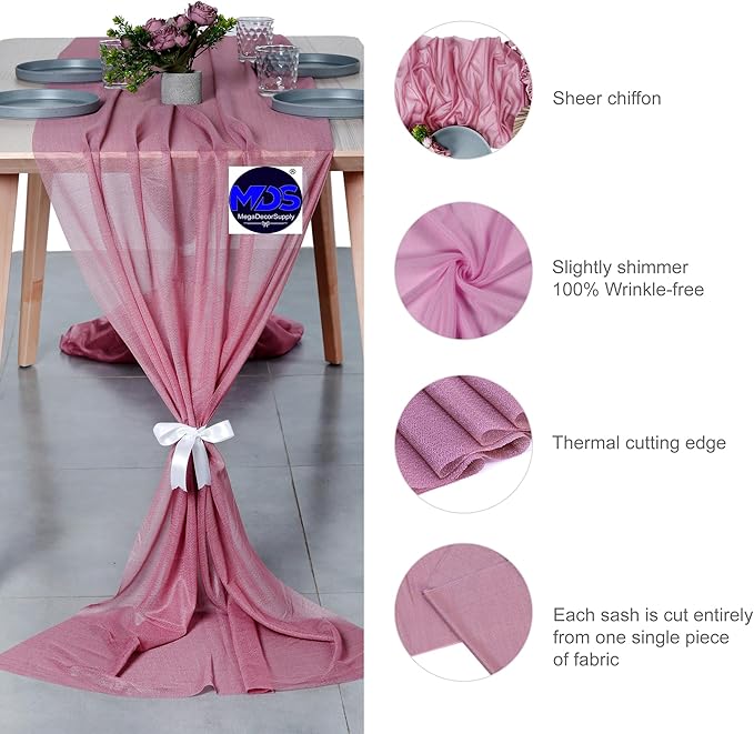 MDS 2 Pack 14ft Chiffon Table Runner 29 x 170 Inches Sheer Wedding Runner Romantic Rustic Table Runner for Wedding Decorations, Birthday Parties, Bridal Shower Party Arch Decor - mauva