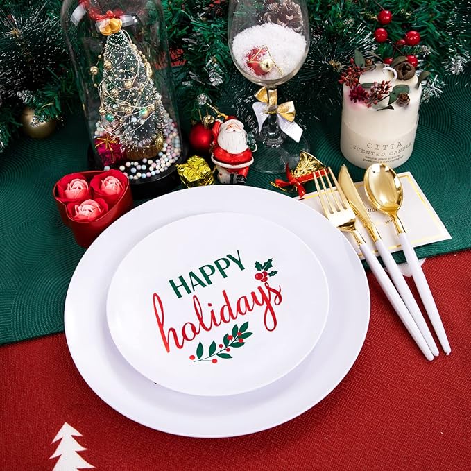 Supernal 150pcs Easter Plastic Dinnerware with Plastic Plates,White and Gold Silverware, Easter Disposable Party Plates with "Happy Holiday" Design for Festival Gatherings