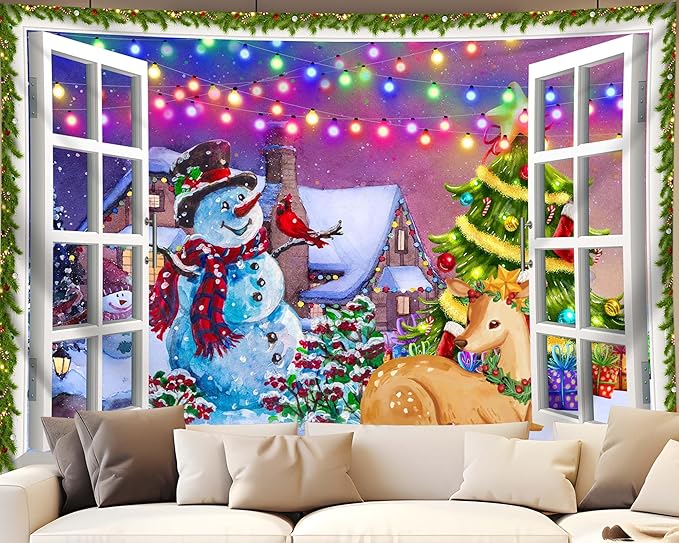 QGHOT Christmas Window Tapestry Wall Hanging, Christmas Backdrop Winter Window Wall Decor Xmas Snowman Deer Tapestries for Bedroom Living Room Dorm Holiday Party Decoration