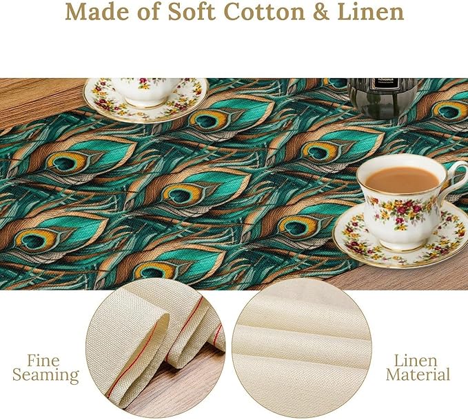 Peacock Feather Table Runner,Retro Aesthetic Green Table Runner for Home Kitchen Dining Party Indoor Outdoor Decoration 13x90 Inch