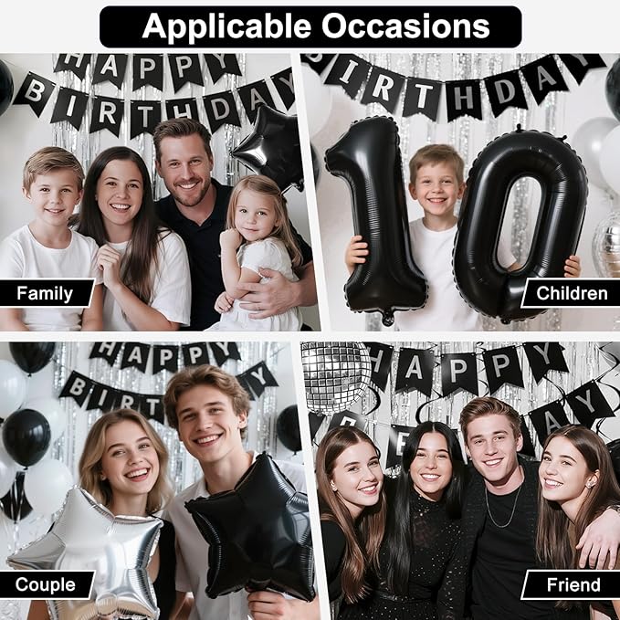 33rd Birthday Decorations for Men Women, Black Silver Happy Birthday Party Decorations， 33 Year Old Party Supplies with Number 33 Balloons, Banner, Fringe Curtains Kit