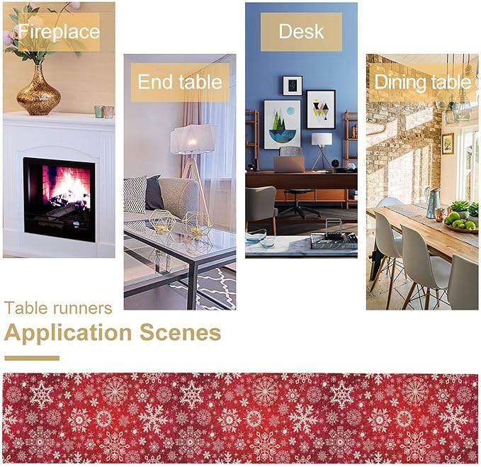 Snowflakes Christmas Table Runner, Winter Holiday Red Table Cloth Kitchen Dining Table Decoration for Home Party Decor 13x120 Inch
