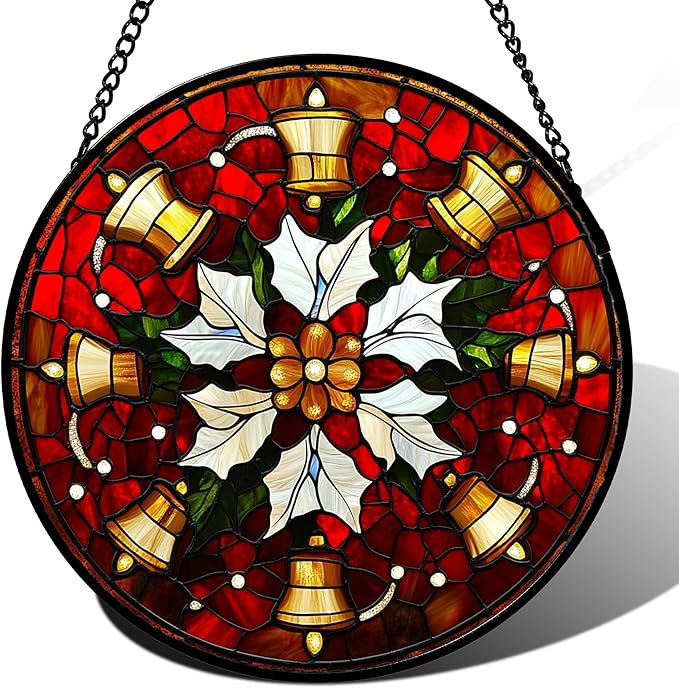 Stained Glass Window Hanging - Golden Bells Flowers Suncatcher for Doors Home Christmas Decoration Winter Sun Catcher Thanksgiving New Year Birthday Gift for Friend Women Men Mom Nana 9.8 in