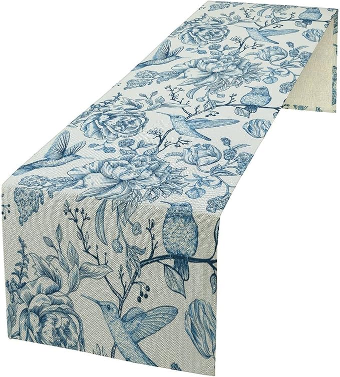 Blue White Table Runner Retro Monochrome Sketch Birds Flower Vintage Floral Kitchen Dining Table Decoration for Home Party Holiday 13"x120"