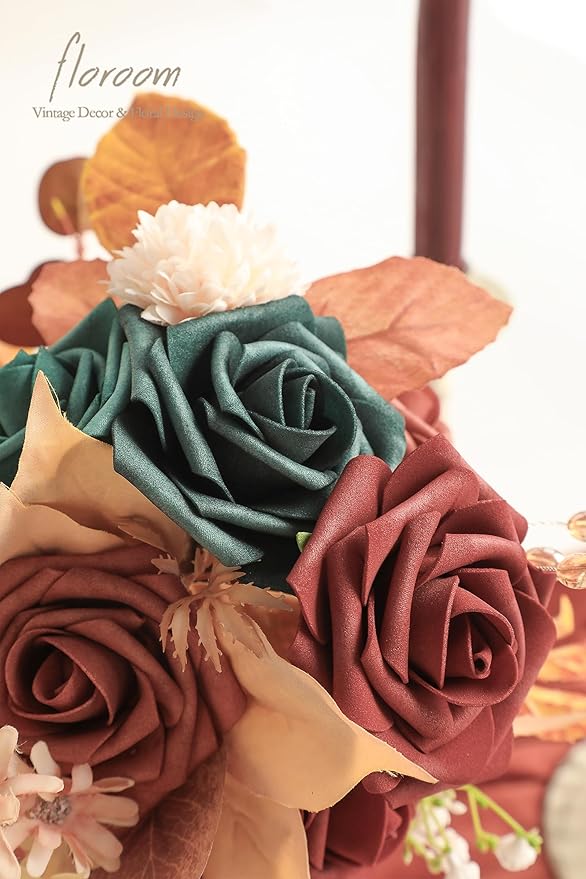 Floroom Artificial Flowers 25pcs Real Looking Teal Green Terracotta Ombre Colors Foam Fake Roses with Stems for DIY Wedding Bouquets Bridal Shower Centerpieces Floral Arrangements Tables Decoration