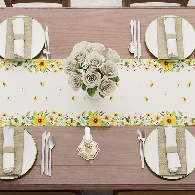 XCHI Yellow White Daisies Flowers Gnomes Spring Table Runner Burlap Table Decoration for Summer Seasonal Home Kitchen Dining Dinner Indoor Holiday Farmhouse Decor 13x90 Inch