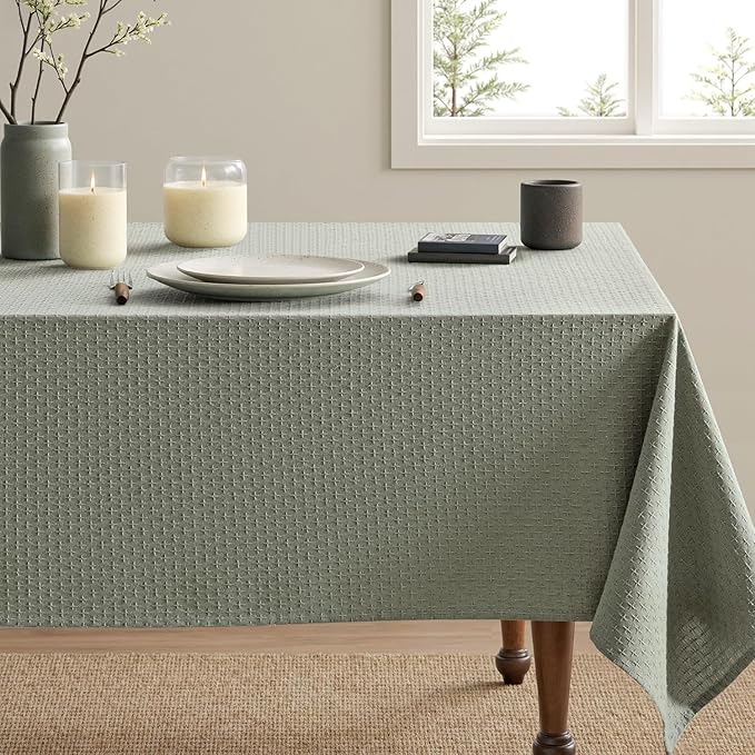 MIULEE Olive Green Linen Cottton Table Cloth Rectangle Tablecloth Waterproof Spillproof Cross-Star Textured Table Cltoth Decorative Farmhouse Style for Dining Party Weddings 60x84 Inch
