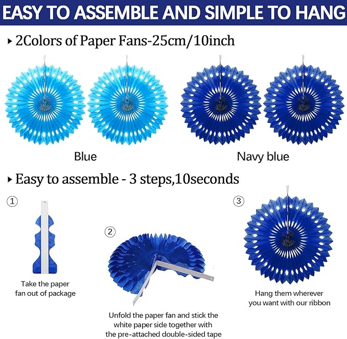 Navy-Light Blue Party Decorations, 23Pcs Hanging Paper Fans Party Decorations with Honeycomb Ball, Pom Poms Flowers for Boy Men Birthday Decoration, Bridal Shower,Baby Boy Showers,Wedding
