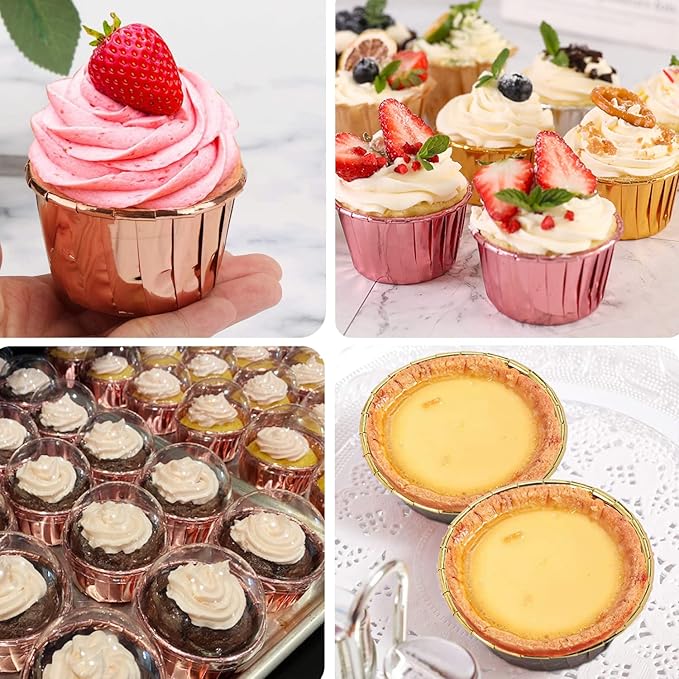 Cupcake Liners for Baking 100Pack,Free-Air 3.5Oz Foil Baking Cups with Dome Lids,Disposable Muffin Tins Muffin Cups for Wedding Birthday Party, with Spoons-Pink in gold