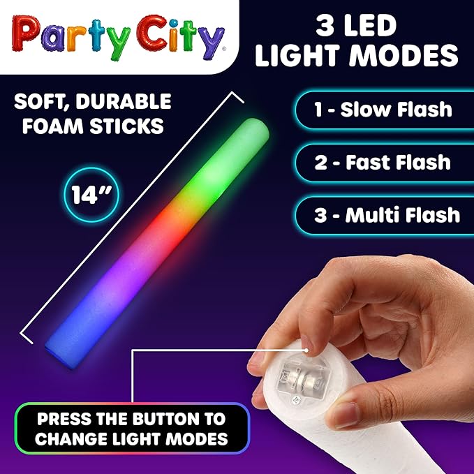 Party City 12pk LED Foam Glow Sticks 14”- Glow in the Dark Party Supplies Favors, Colorful Flashing Wand with 3 Modes, Foam Light Up Sticks Bulk Party Pack for Wedding, Birthday, Concert, Halloween