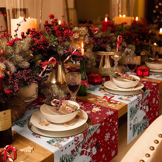 Christmas Snowman Cotton Linen Table Runner for Dining Kitchen, Xmas Tree White Snowflakes Winter Wedding Outdoor Party Tablerunners Decoration, Dresser Scarf Coffee Tablecloth Runners 13x48 Inches
