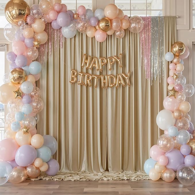 50×12 ft Wrinkle Free Beige Backdrop Curtain for Weddings Parties, 10 Panels 12ft Silky Polyester Wedding Drapes Backdrop Photo Back Drop Cloth for Birthday Baby Shower Photography Backgrounds