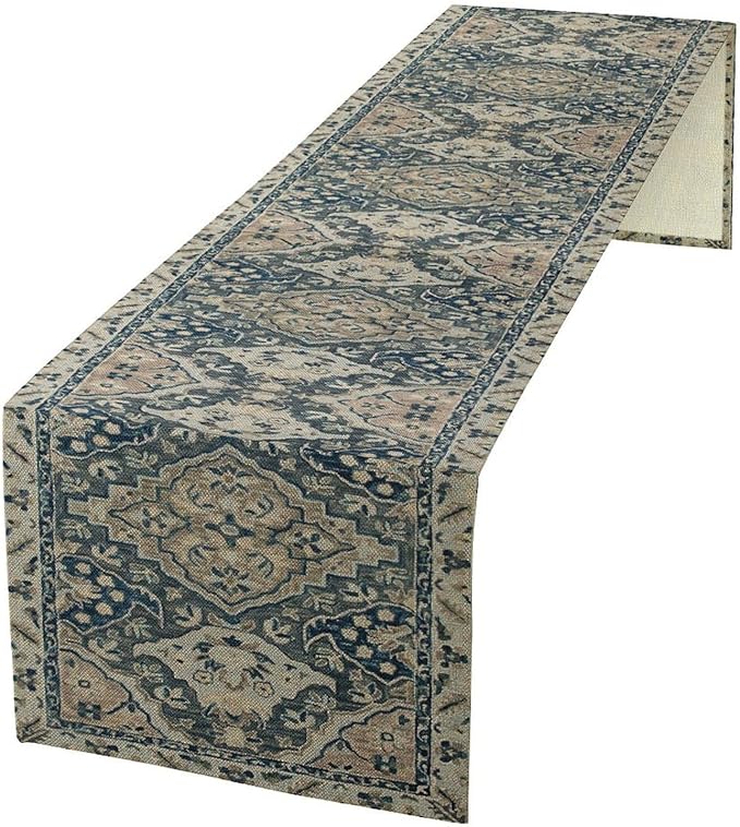 Vintage Boho Floral Table Runner, Rustic Country Farmhouse Blue Grey Retro Flower Pattern for Home Kitchen Table Decor Dining Coffee Room Party Decor 13x90in