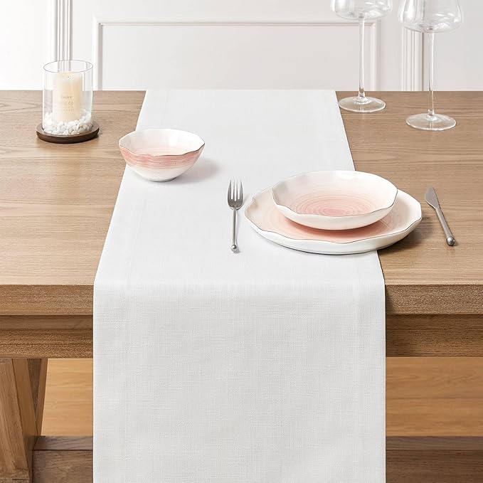 ZeeMart Linen Textured Border Table Runner, 14 x 90 Inch White, Farmhouse Style White Table Runners 90 Inches Long, Easy Care Everyday Polyester Table Runner