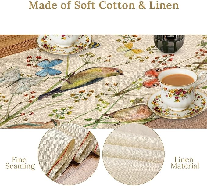 Brown Bird Floral Table Runner Spring Flower Kitchen Table Decoration Suitable for Family Dinner Decoration 13x108 Inch
