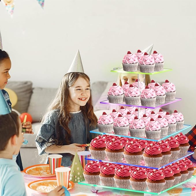 Cupcake Stand with Rechargeable Led, 5 Tier Clear Cupcake Holder, 7 Colors Light Cupcake Tower, Acrylic Dessert Table Display Set for Weddings, Christmas, Birthday, Parties, Baby Showers