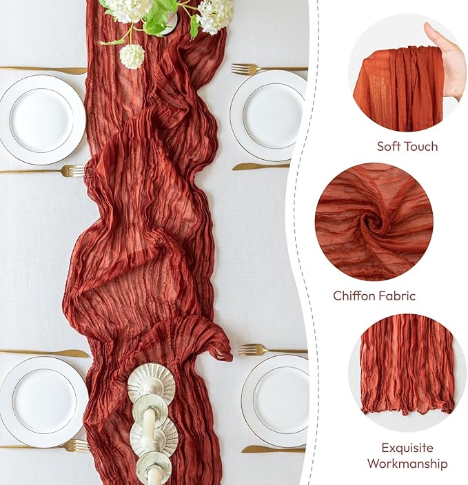 Sioloc Terracotta Table Cloth Cheesecloth Table Runner 10ft Rustic for Tea Wedding Party Baby Bridal Centerpiece Fall Decor for Home Halloween Thanksgiving