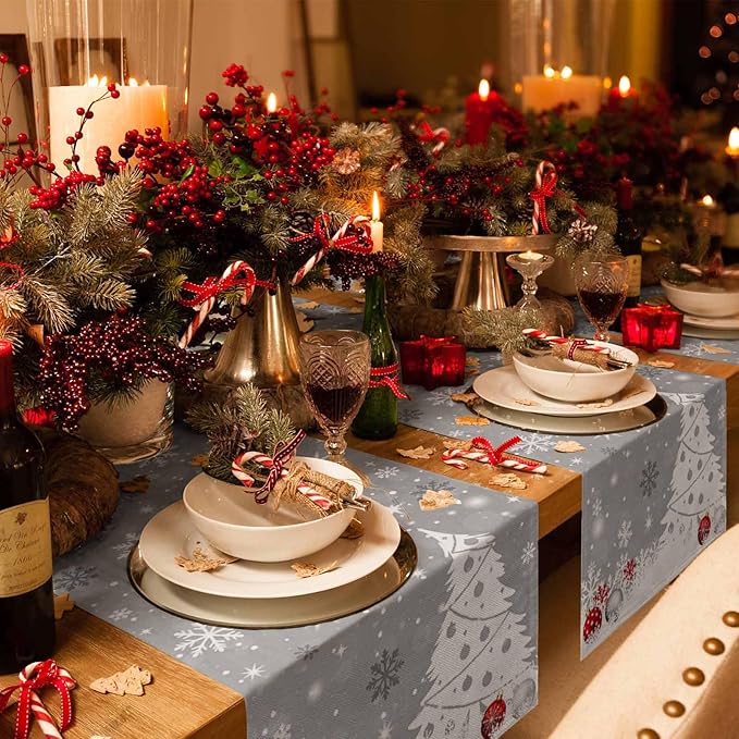 Christmas Snowflakes Cotton Linen Table Runner for Dining Kitchen, Xmas Tree Snow Winter Wedding Outdoor Party Tablerunners Decoration, Grey Balls Dresser Scarf Coffee Tablecloth Runners 13x36 Inches