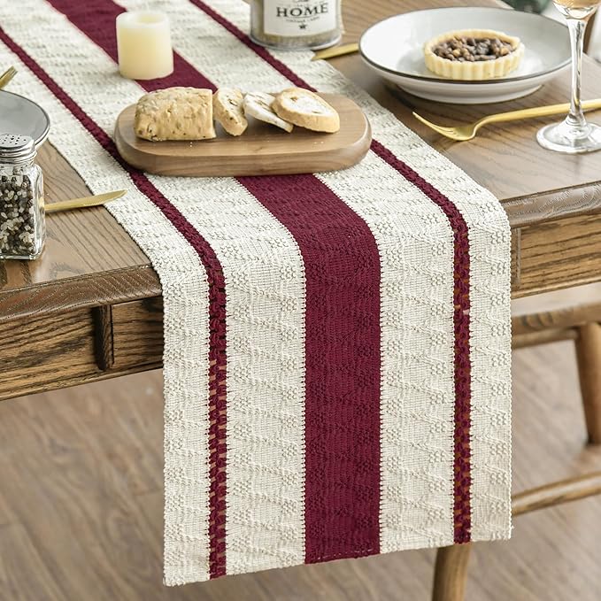 Artoid Mode Red Farmhouse Woven Rustic Table Runner, Seasonal Holiday Hollow Kitchen Dining Table Decoration for Home Party Decor 12x60 Inch