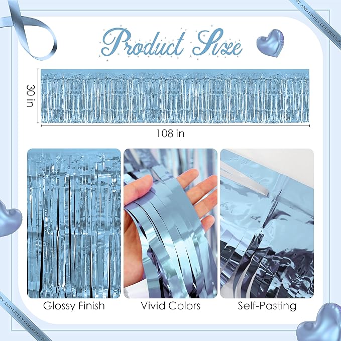 1 Pack Light Blue Table Skirts, 29x108" Metallic Foil Tinsel Fringe Table Skirts for Rectangle Tables Streamer Curtains Backdrop, Party Decorations for Birthdays Weddings Holidays