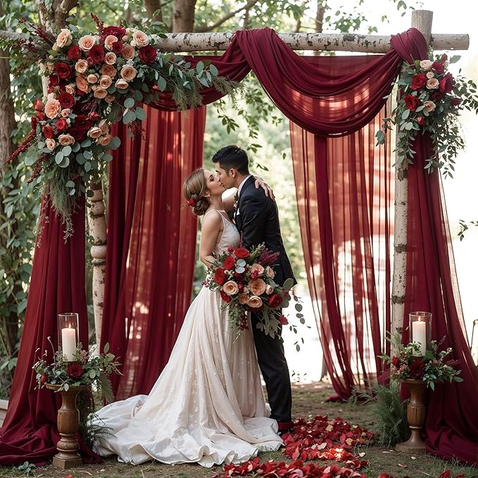 Wedding Arch Draping Fabric, 1 Panel 18FT Burgundy Sheer Backdrop Curtain Chiffon Fabric Drapery Voile Scarf Draping Panels for Wedding Archway Ceremony Curtain Valance Party Decoration