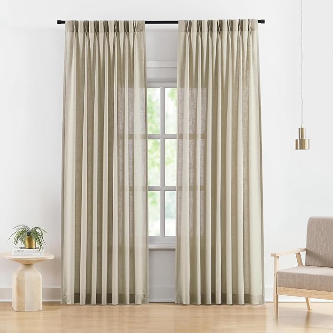 Vision Home Sand Pinch Pleated Semi Sheer Curtains Textured Linen Blended Light Filtering Window Curtains 84 inch for Living Room Bedroom Pinch Pleat Drapes with Hooks 2 Panels 40" Wx84 L,Camel Beige