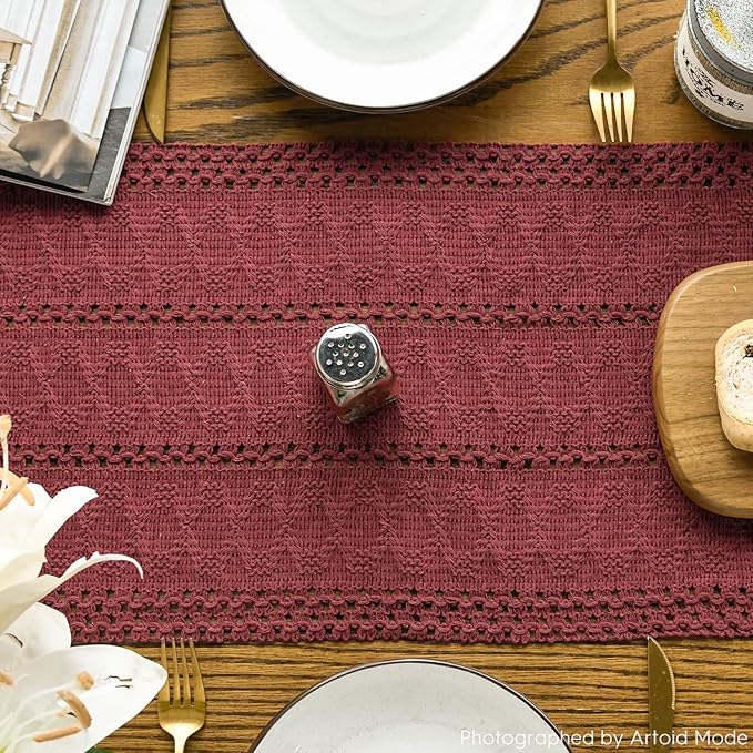 Artoid Mode Red Farmhouse Woven Rustic Hollow Table Runner, Seasonal Holiday Hollow Kitchen Dining Table Decoration for Home Party Decor 12x72 Inch