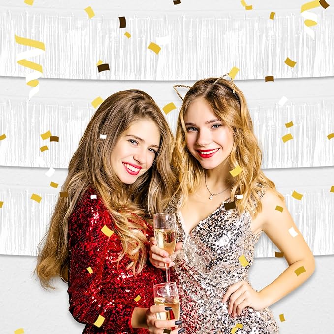 6 Pack 10 Feet White Foil Fringe Garland Metallic Tinsel Streamers Banner Wall Hanging Curtain Backdrop for Parade Floats, Birthday, Graduate, Mother's Day, Wedding Party Decoration