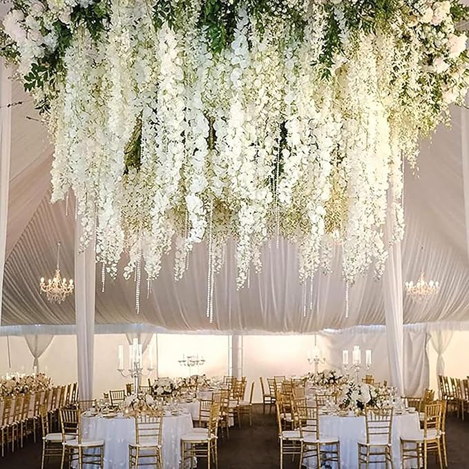 12 Pack White Green Wisteria Hanging Flowers Garland, 3.77 Feet Artificial Flower Vines, Fake Wisteria, Artificial Vines Hanging Garland for Backdrop Outdoor Yard Garden Decor