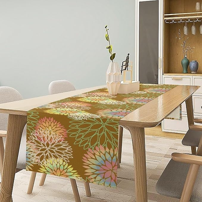 Brown Grey Dahlia Flower Table Runner, Linen Geometric Pattern Floral Table Decor Spring Farmhouse Decorations for Kitchen Dining Holiday Party Decor, 13x60 Inch