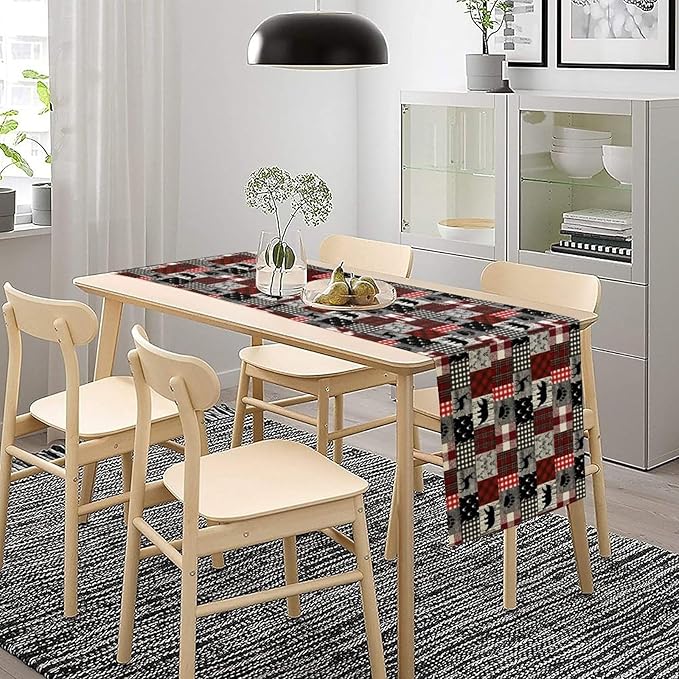 Rustic Farm Table Runner,Vintage Woodland Deer Bear Animal Buffalo Plaid Print Tablecloth Burlap for Hotel Indoors Outdoor Dining Room Kitchen Home Decor,W13X L108 in