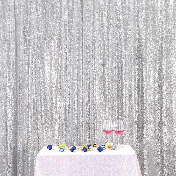 Poise3EHome 8FT x 8FT Silver Sequin Photography Backdrop Curtain for Party Decoration, Silver