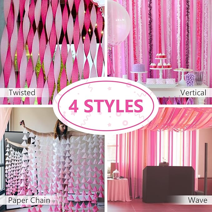 PartyWoo Crepe Paper Streamers 4 Rolls 328ft, Pack of Hot Pink and Pink Crepe Paper for Party, Wedding, Birthday, Baby Shower Decorations, Valentines Day Decorations (1.8 Inch x 82 Ft/Roll)