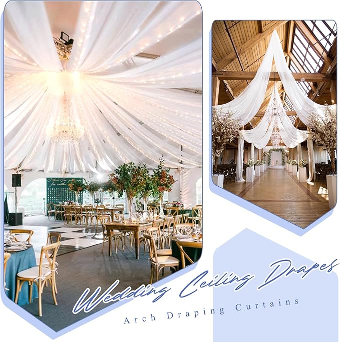 8 Panels White Ceiling Drapes for Wedding 5ftx20ft Chiffon Fabric Arch Draping Curtains for Party Ceremony Birthday Baby Shower Reception Stage Ceiling Decorations
