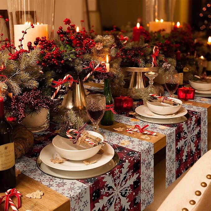 Buffalo Plaid Christmas Cotton Linen Table Runner for Dining Kitchen, Snowflake Red Black Check Wedding Outdoor Party Tablerunner Decoration, Retro Dresser Scarf Coffee Tablecloth Runners 13x36 Inches