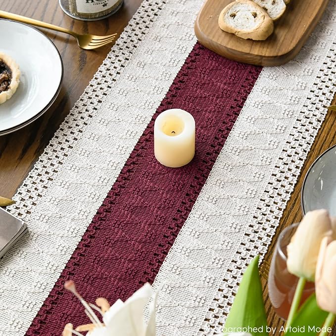 Artoid Mode Red Farmhouse Rustic Table Runner, Seasonal Holiday Hollow Kitchen Dining Table Decoration for Home Party Decor 12x48 Inch
