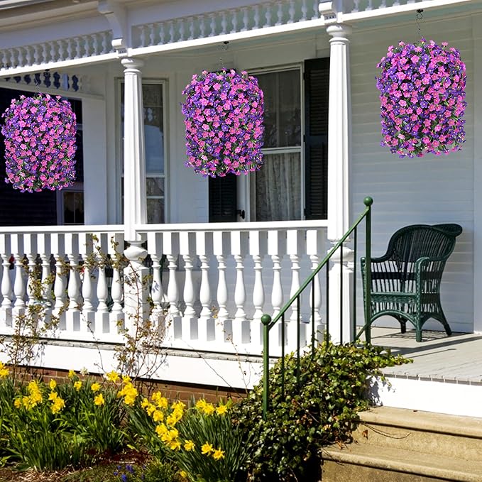 Artificial Fake Hanging Flowers with Basket for Outdoor Decoration,UV Resistant Faux Silk Dark Purple and Fuchsia Orchid Flowers Vines in Planter Realistic Hanging Baskets for Home Porch Garden