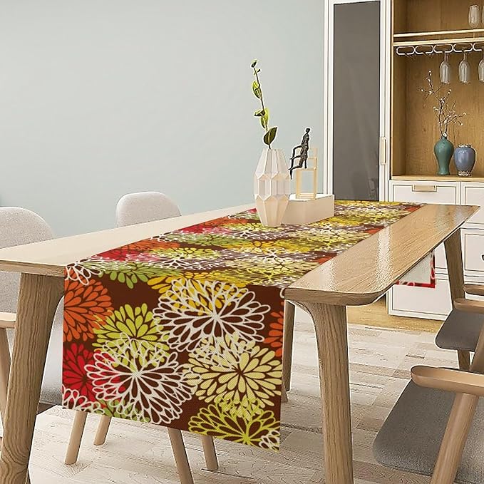 Brown Dahlia Floral Table Runner, Seasonal Autumn Thanksgiving Pattern Print for Home Kitchen Table Decor Dining Coffee Room Party Decor 13x120 Inch