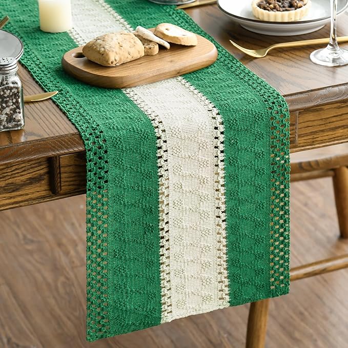 Artoid Mode Dark Green Farmhouse Rustic Table Runner, Seasonal Hollow Kitchen Dining Table Decoration for Home Party Decor 12x72 Inch